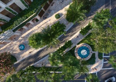 Aerial view of landscaped urban area.