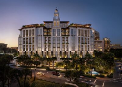 Elegant building illuminated at dusk.