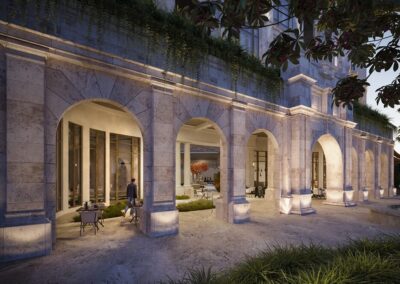 Elegant architecture with outdoor seating.