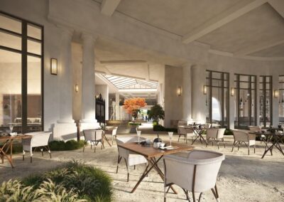 Elegant outdoor dining area with greenery.