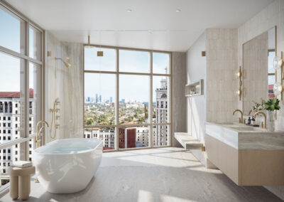 Luxurious modern bathroom with skyline view.