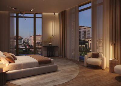 Modern bedroom with city view.