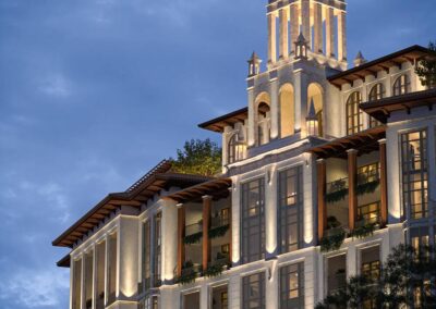 Elegant building illuminated at dusk.