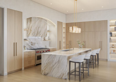 Modern kitchen with elegant marble finishes.