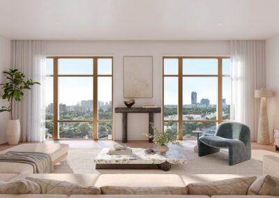 Modern living room with city view.