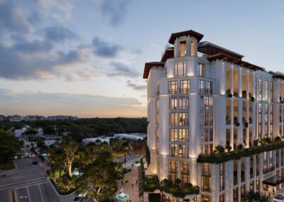Elegant building at sunset, serene atmosphere.