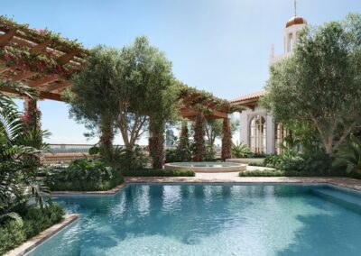 Lush poolside oasis with greenery.
