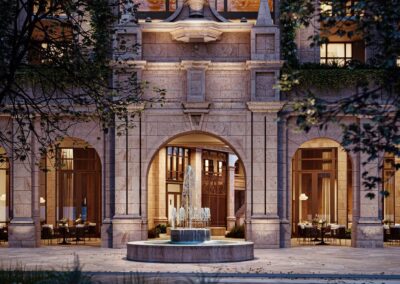 Elegant architecture with a central fountain.