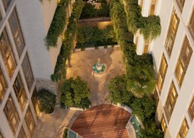 Lush courtyard with serene water feature